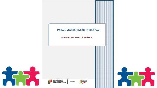 Capa do manual de apoio à educação Inclusiva com a indicação do título e com imagens de elementos humanizados de várias cores ligados entre si