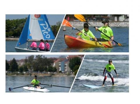imagens de alunos do Desporto Escolar a fazer surf, vela, remo e canoagem