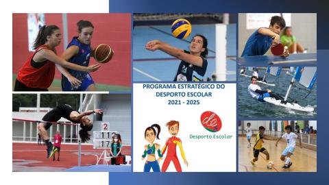 Duas raparigas a jogar basquetebol uma rapariga a jogar voleibol um rapaz a jogar ténis de mesa dois rapazes a jogarem futebo