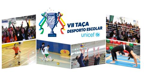 Logotipo da Taça do Desporto Escolar com imagens das 4 modalidades 