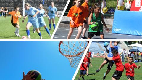 Alunos a jogar andebol basquetebol e futebol