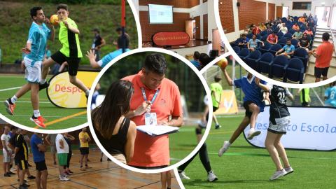 Várias imagens de professores em formação e alunos a jogar andebol