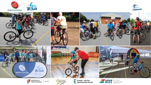 Diversas imagens com alunos e professores a andar de bicicleta