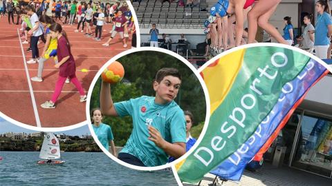 Imagem de alunos em provas desportivas de atletismo andebol e natação